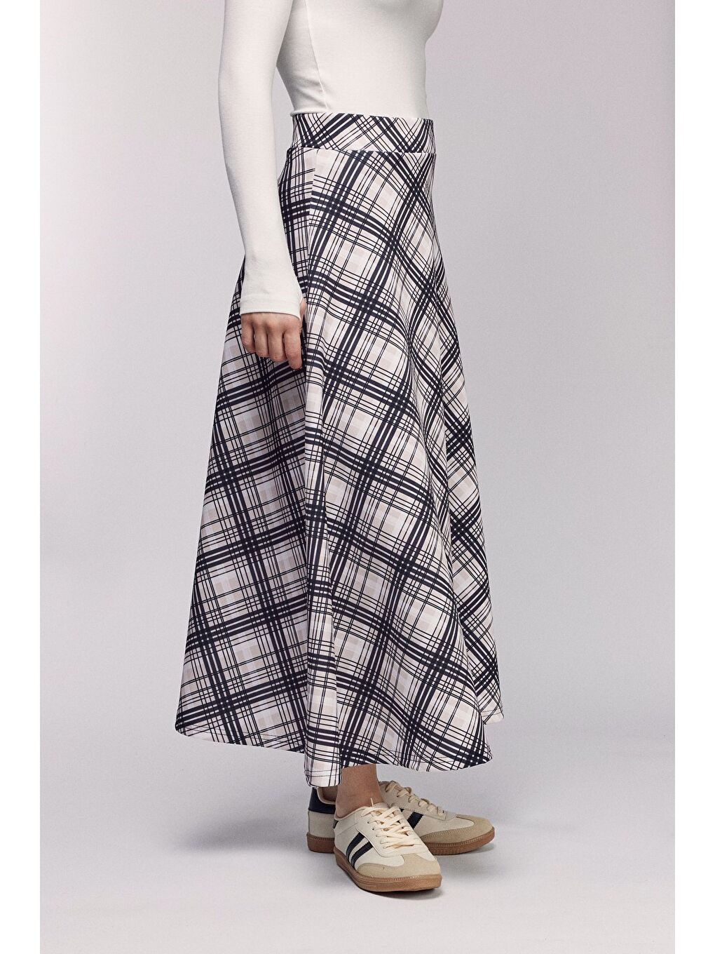 Bej Taş Ekose Desenli Yüksek Bel Kloş Scuba Etek-1