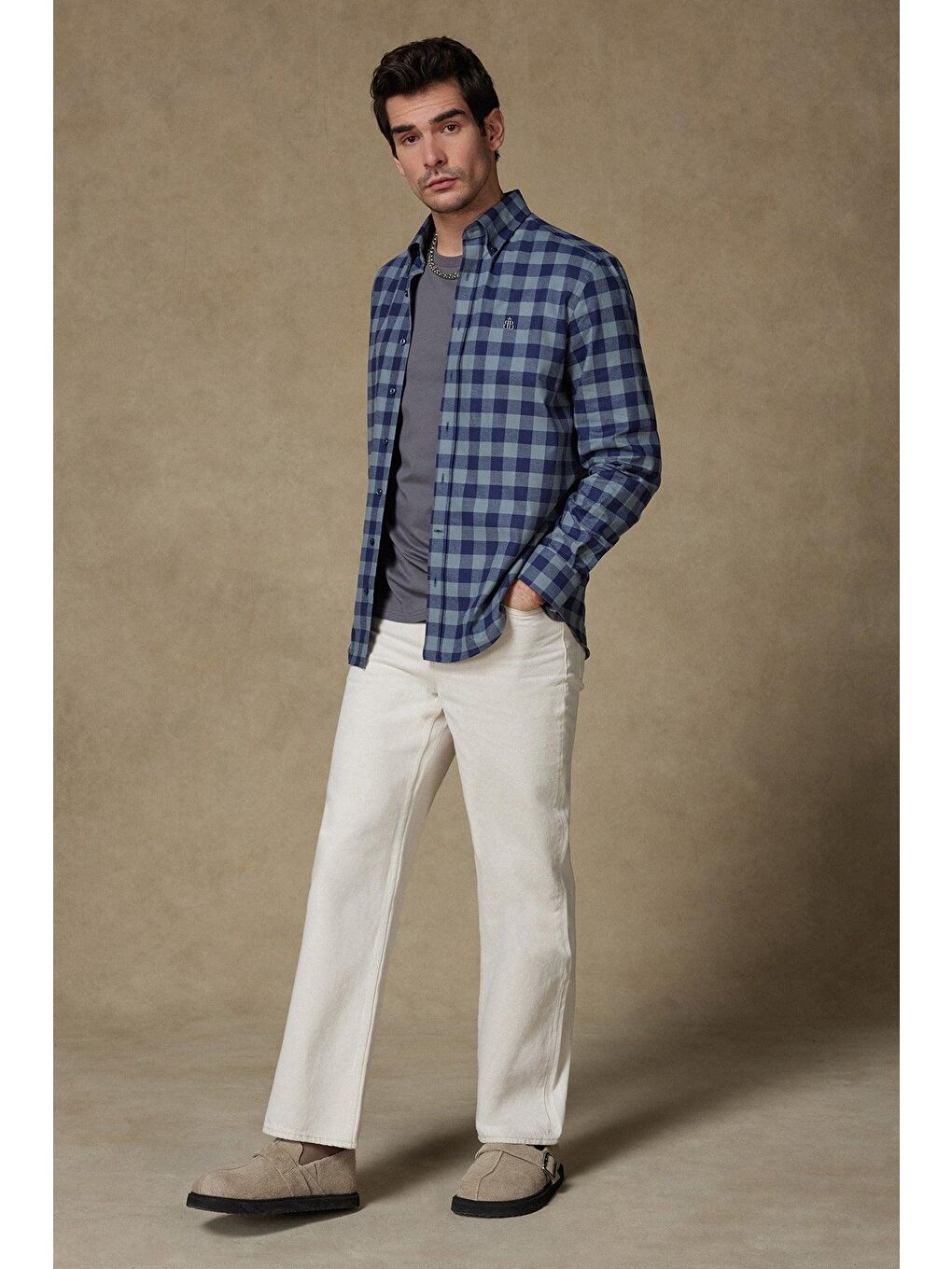 Luis Twill Pamuklu Comfort Fit Açık Gri Düğmeli Yaka Erkek Ekoseli %100 Pamuk Gömlek-2