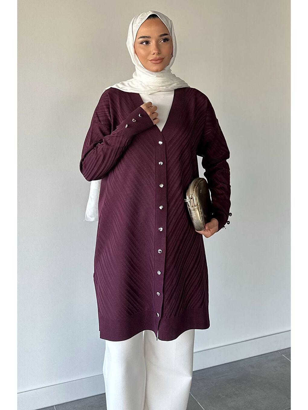 Mürdüm Desenli Ön Düğmeli Tesettür Triko Hırka (m-l-xl Uyumludur)-5