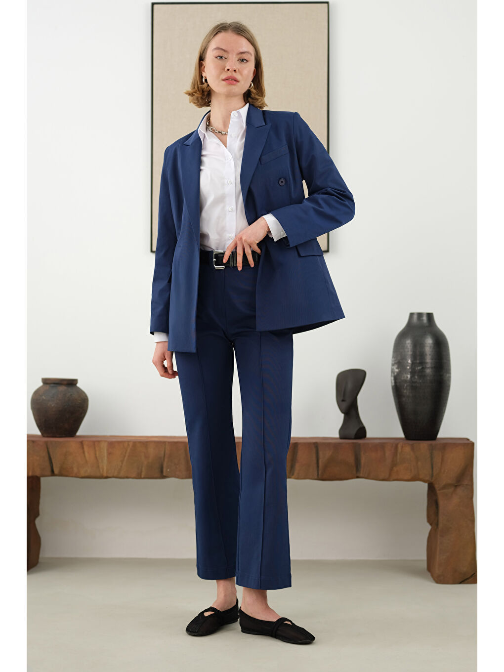 Bele Oturtmalı Ceket Gece Mavi-1