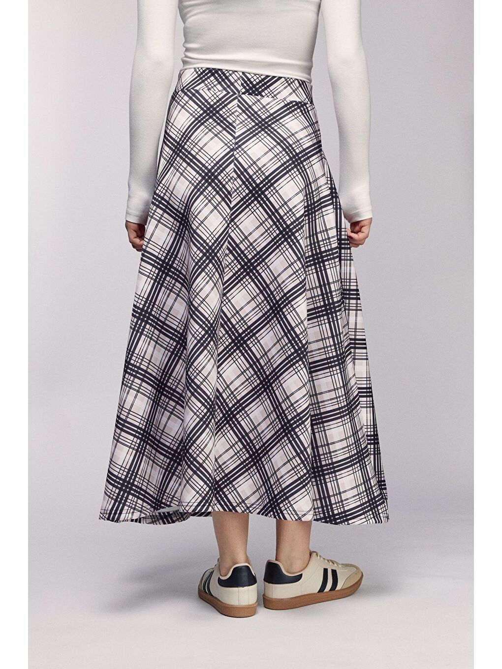 Bej Taş Ekose Desenli Yüksek Bel Kloş Scuba Etek-2