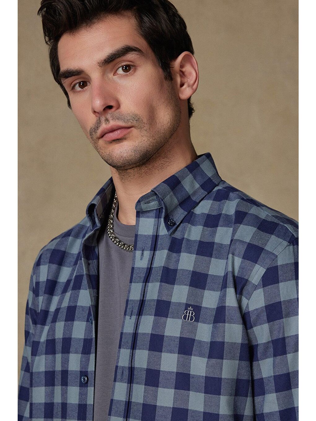 Luis Twill Pamuklu Comfort Fit Açık Gri Düğmeli Yaka Erkek Ekoseli %100 Pamuk Gömlek-3