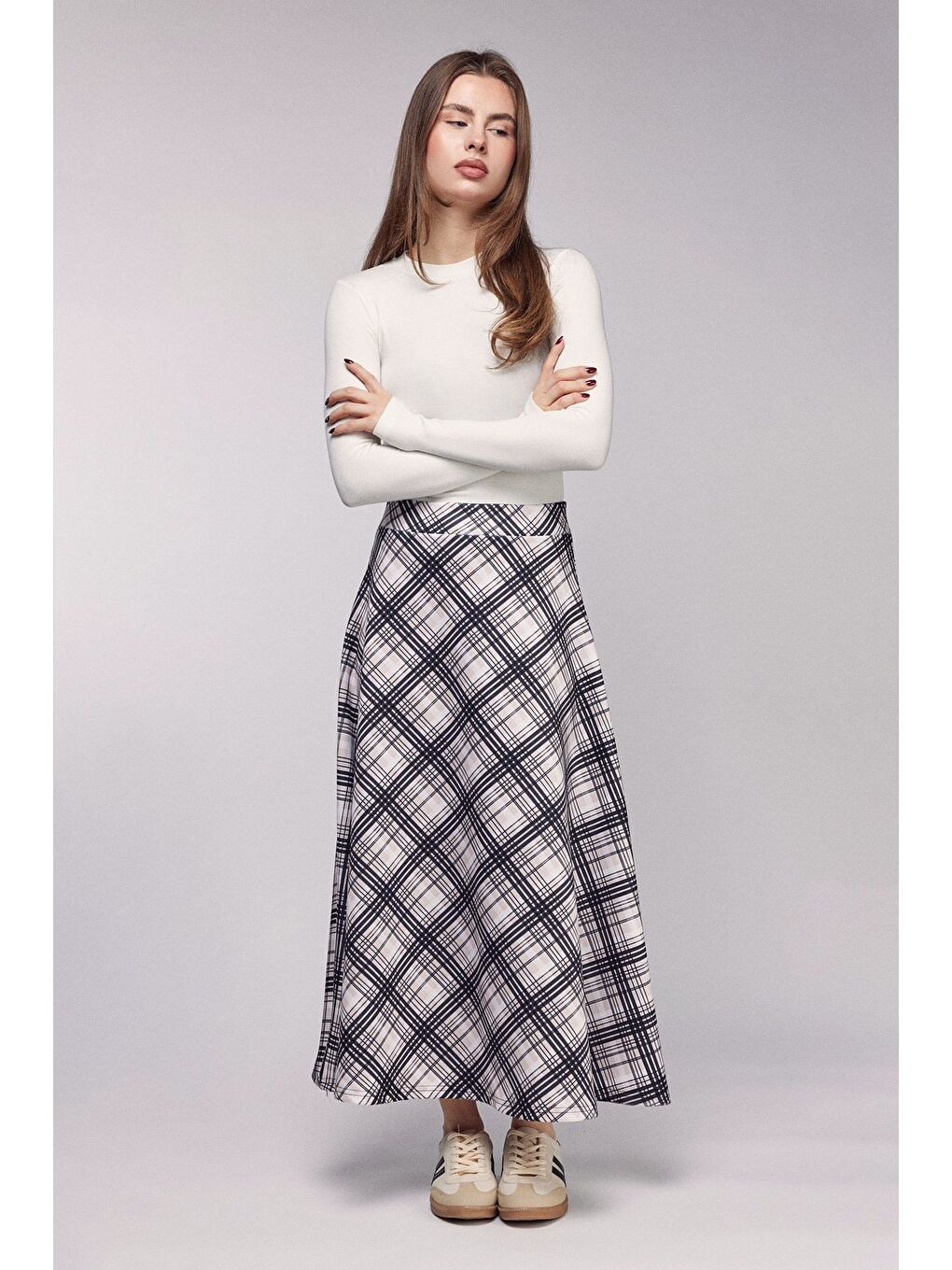 Bej Taş Ekose Desenli Yüksek Bel Kloş Scuba Etek-3