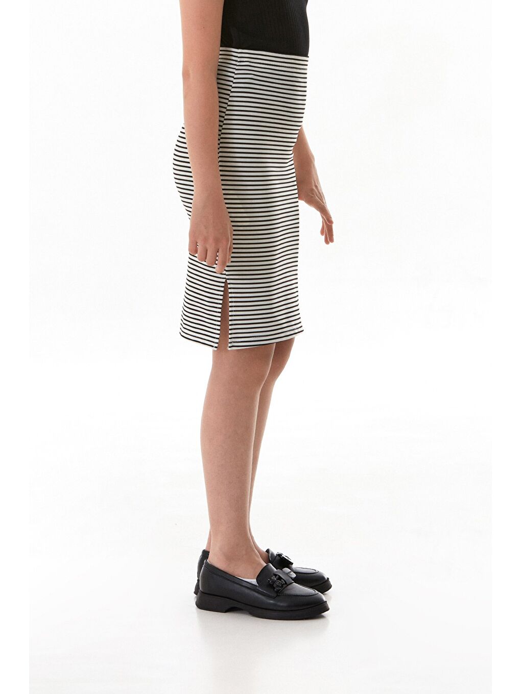 Beyaz Çizgili Beli Lastikli Kız Çocuk Etek-4