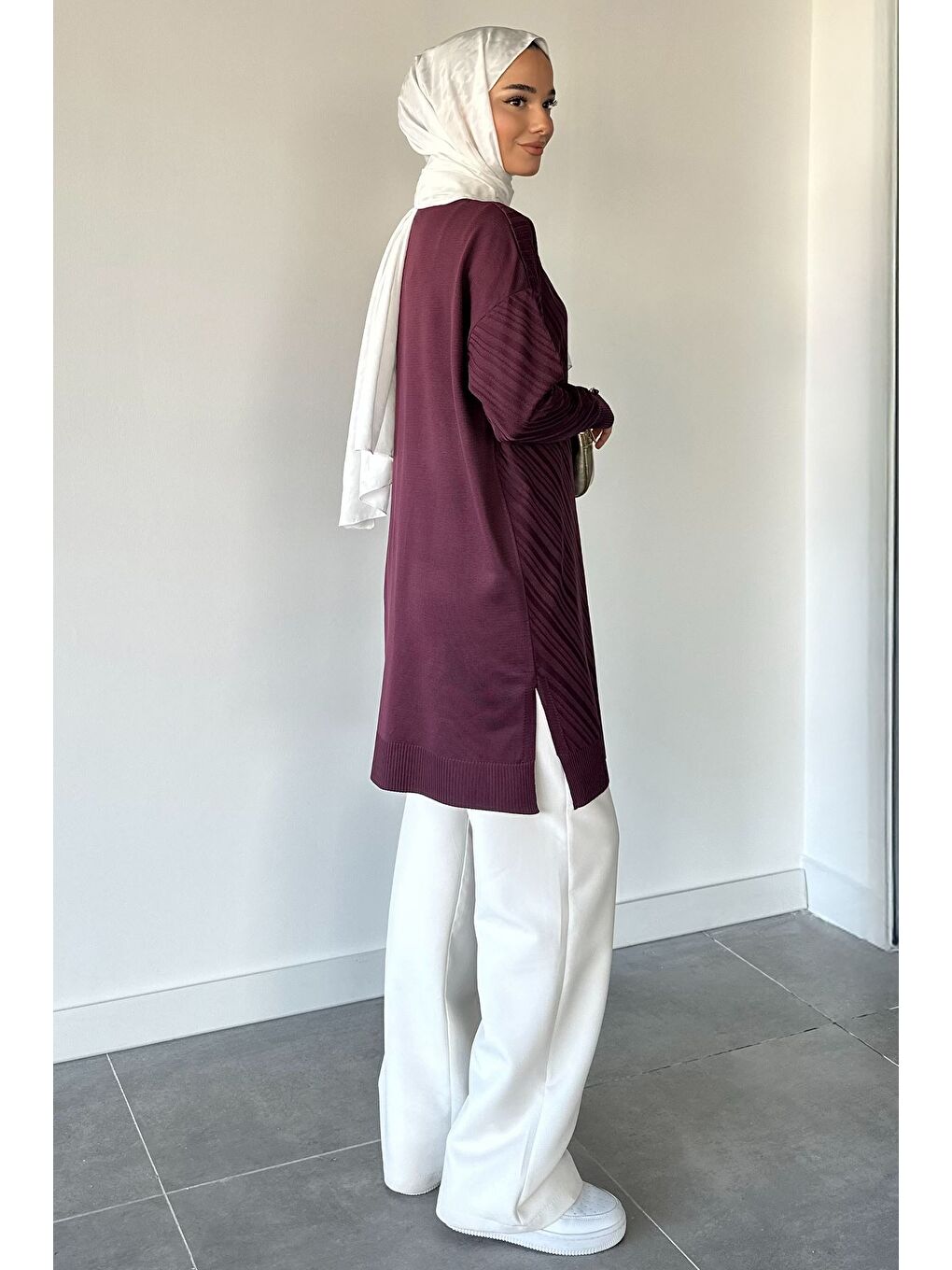 Mürdüm Desenli Ön Düğmeli Tesettür Triko Hırka (m-l-xl Uyumludur)-7