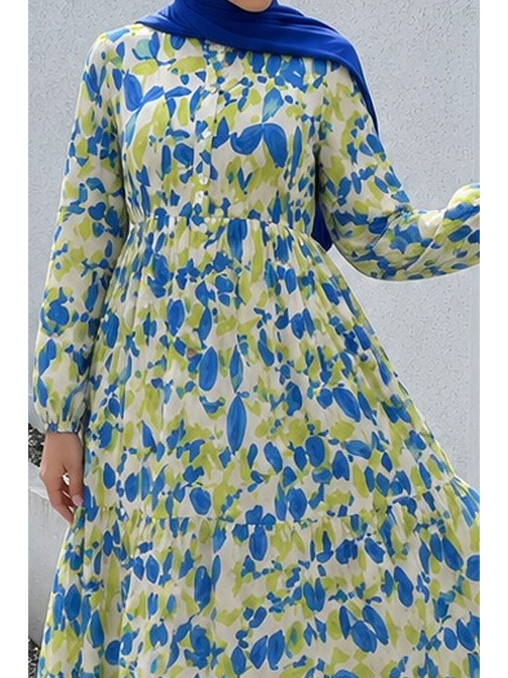 Pat Detaylı Yaprak Desenli Elbise Tsd260261 Mavi-3