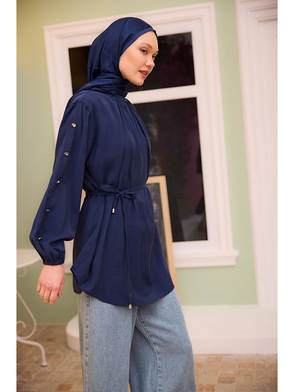 Kadın Bisiklet Yaka Gold Düğme Detaylı Bluz Lacivert-1