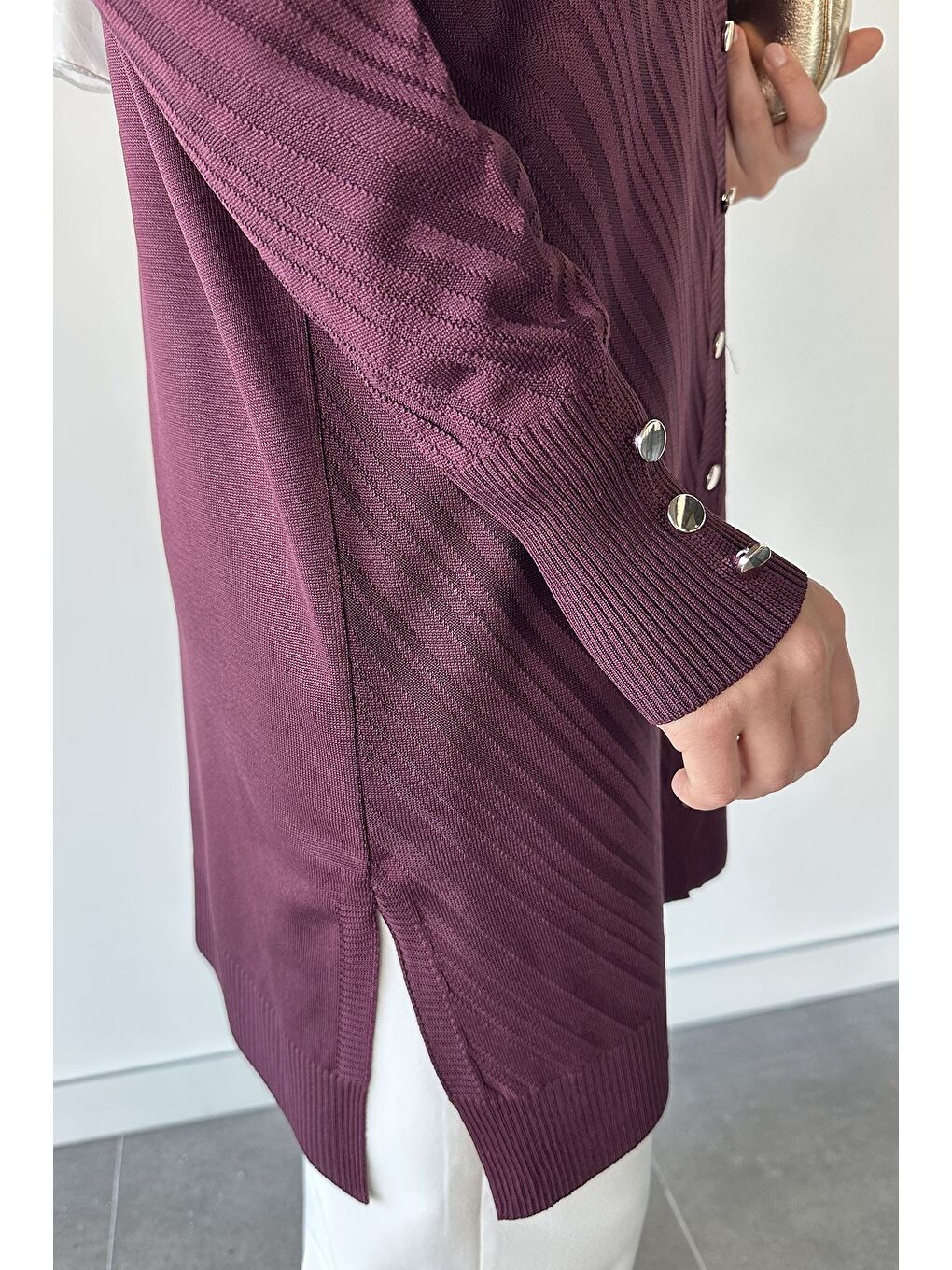 Mürdüm Desenli Ön Düğmeli Tesettür Triko Hırka (m-l-xl Uyumludur)-9