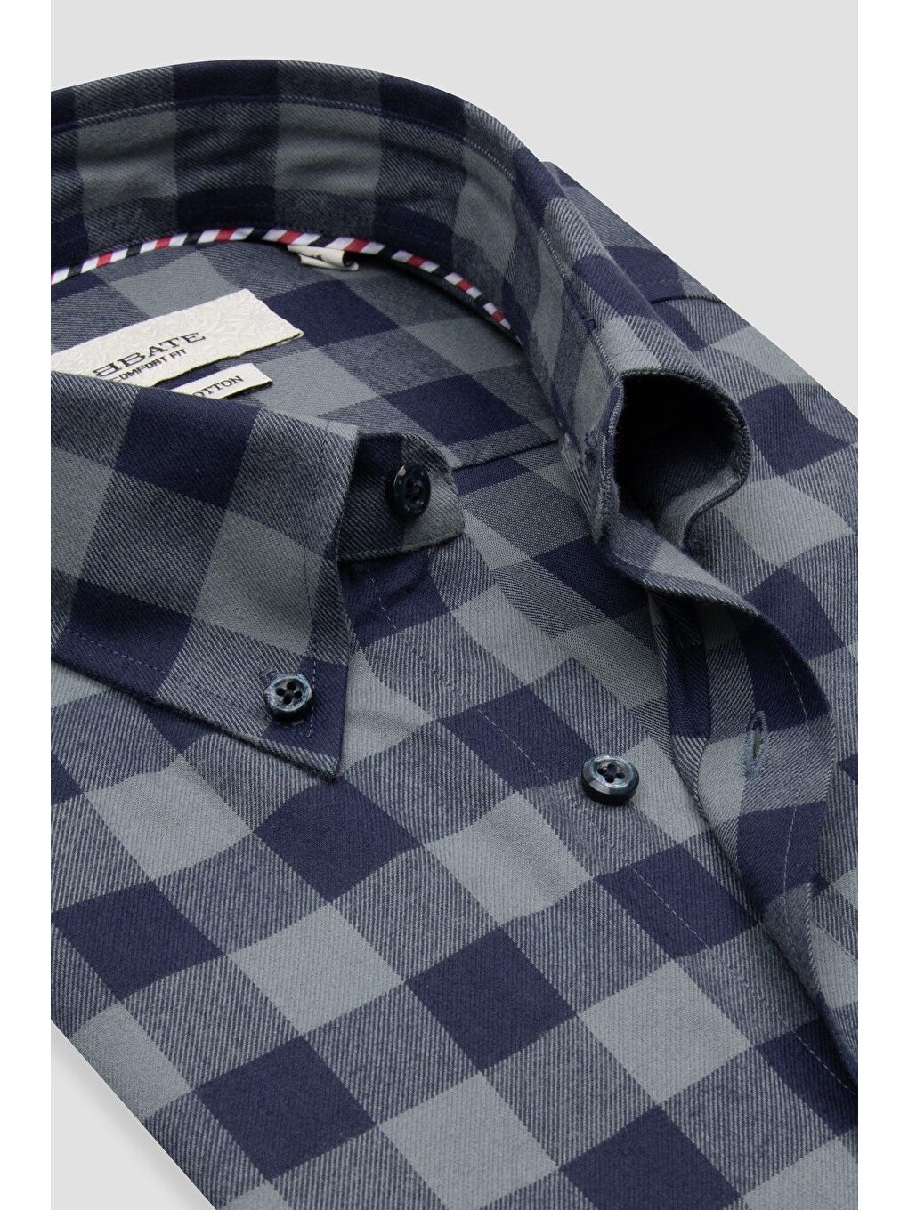 Luis Twill Pamuklu Comfort Fit Açık Gri Düğmeli Yaka Erkek Ekoseli %100 Pamuk Gömlek-5