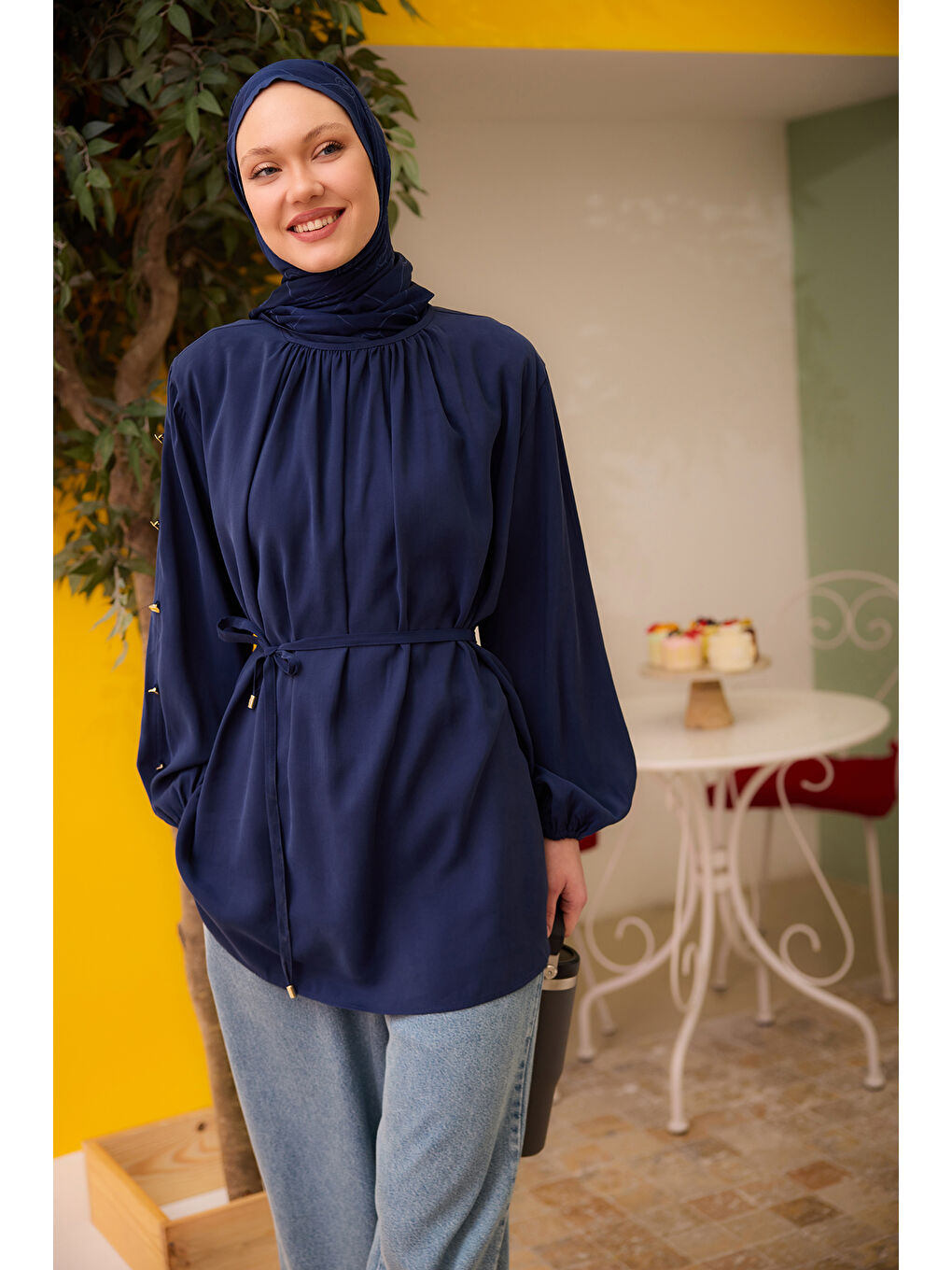 Kadın Bisiklet Yaka Gold Düğme Detaylı Bluz Lacivert-3