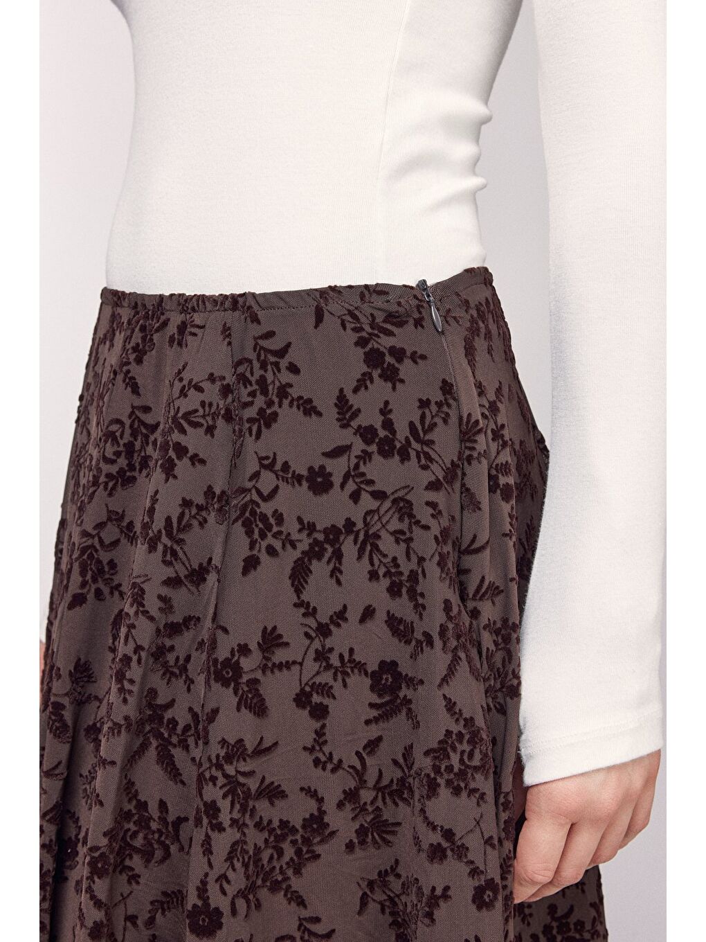 Kahverengi Floral Desenli Asimetrik Kesim Maxi Etek - Astarlı-4