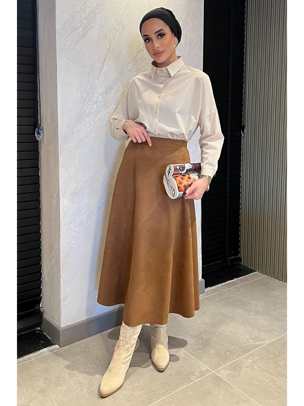 Kahverengi Kadın Kloş Uzun Süet Etek-3