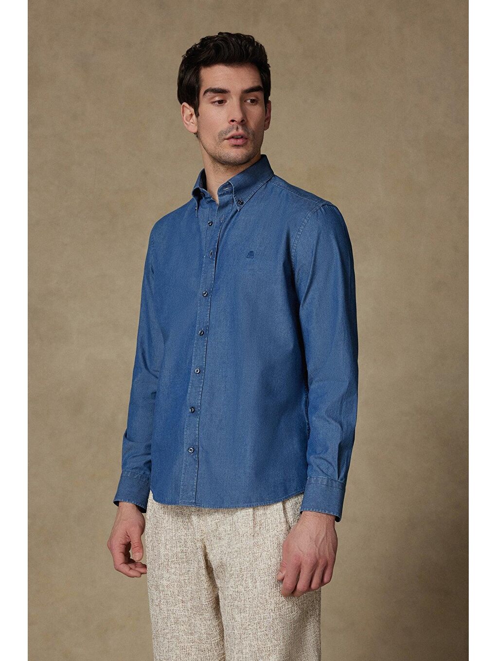Matteo Denim Pamuklu Comfort Fit Lacivert Düğmeli Yaka Erkek Düz %100 Pamuk Gömlek