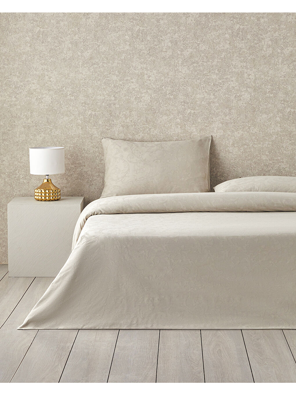 Bej Royal Scroll Jakarlı Pamuk Saten Çift Kişilik Nevresim Takımı 200x220 cm Taş Rengi