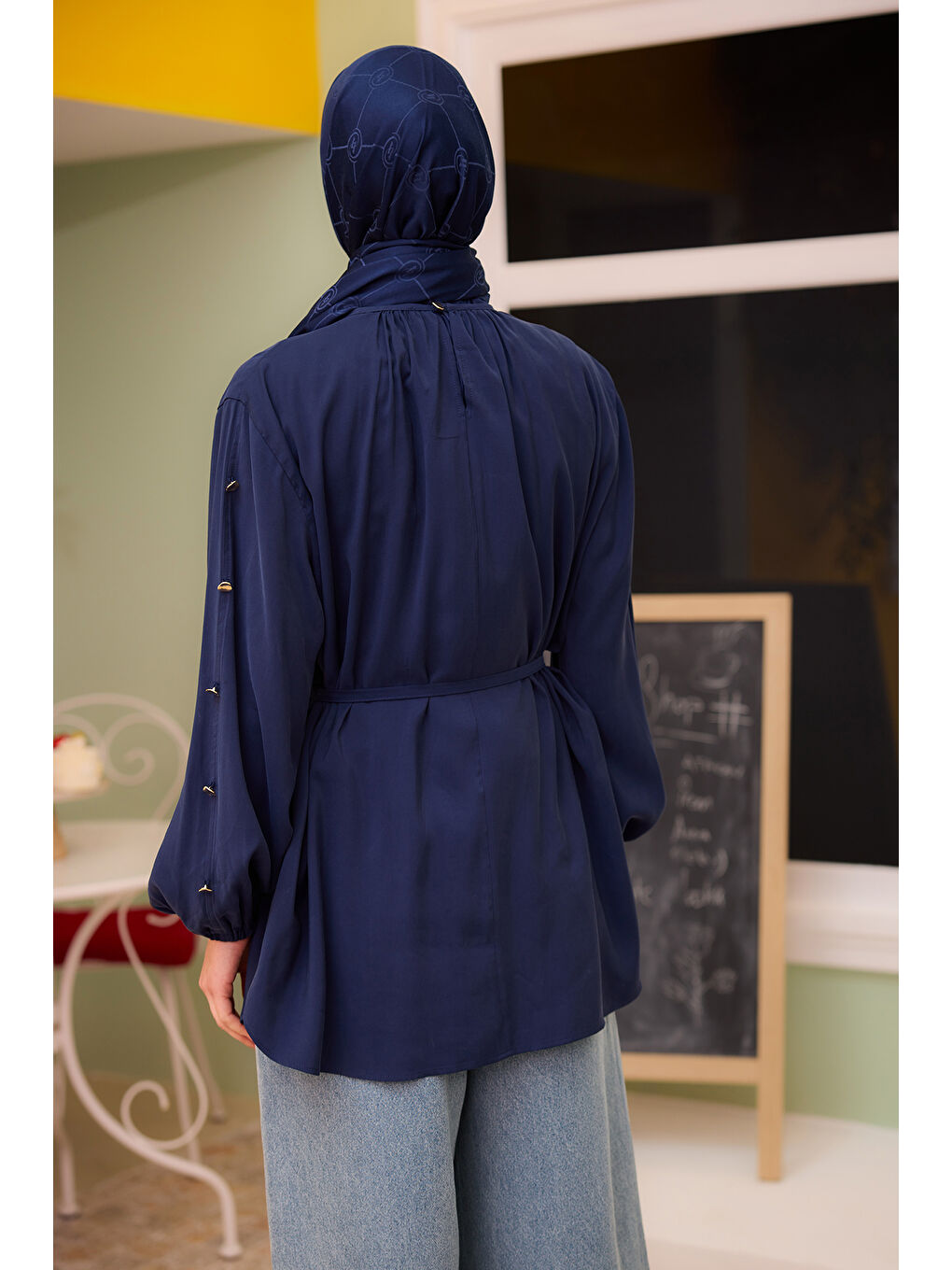 Kadın Bisiklet Yaka Gold Düğme Detaylı Bluz Lacivert-4