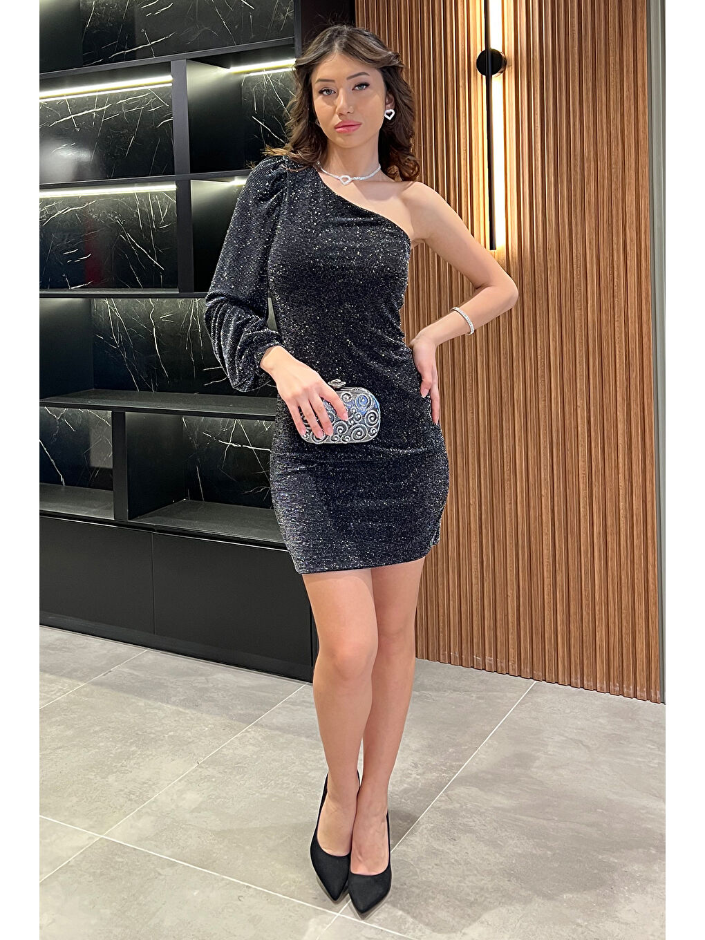 Siyah Kadın Tek Omuz Işıltılı Elastanlı Elbise