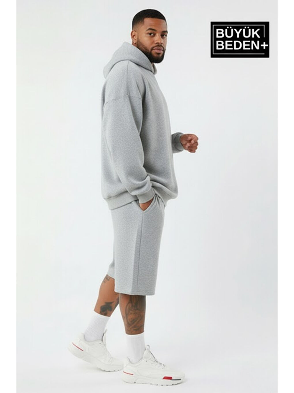 Siyah Erkek Büyük Beden 2' li Set Kapüşonlu Kollar Ve Etek Ribanalı ince Swatshırt SPR26BSW957+2-2