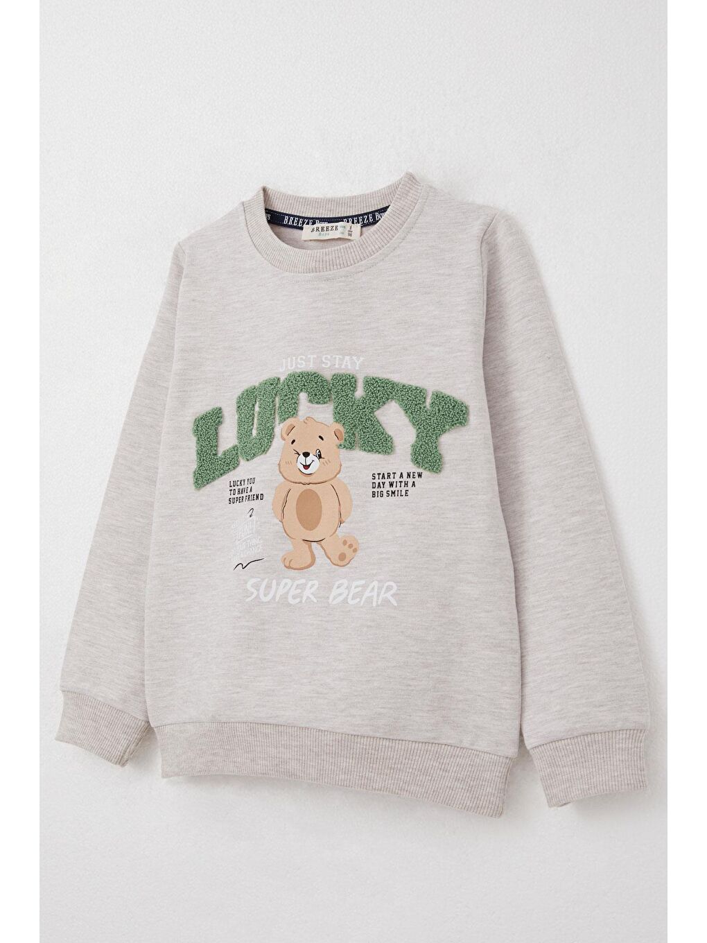 Erkek Çocuk Eşofman Takım Şanslı Ayıcık Baskılı Yazı Nakışlı Bej Melanj (1-4 Yaş)-5