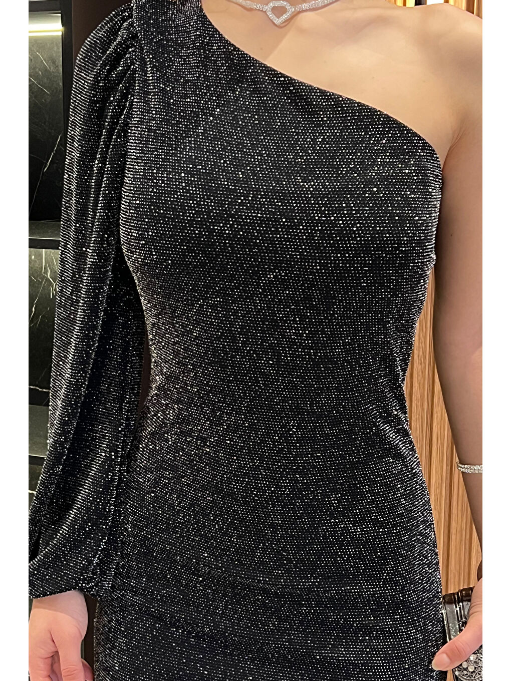 Siyah Kadın Tek Omuz Işıltılı Elastanlı Elbise-2