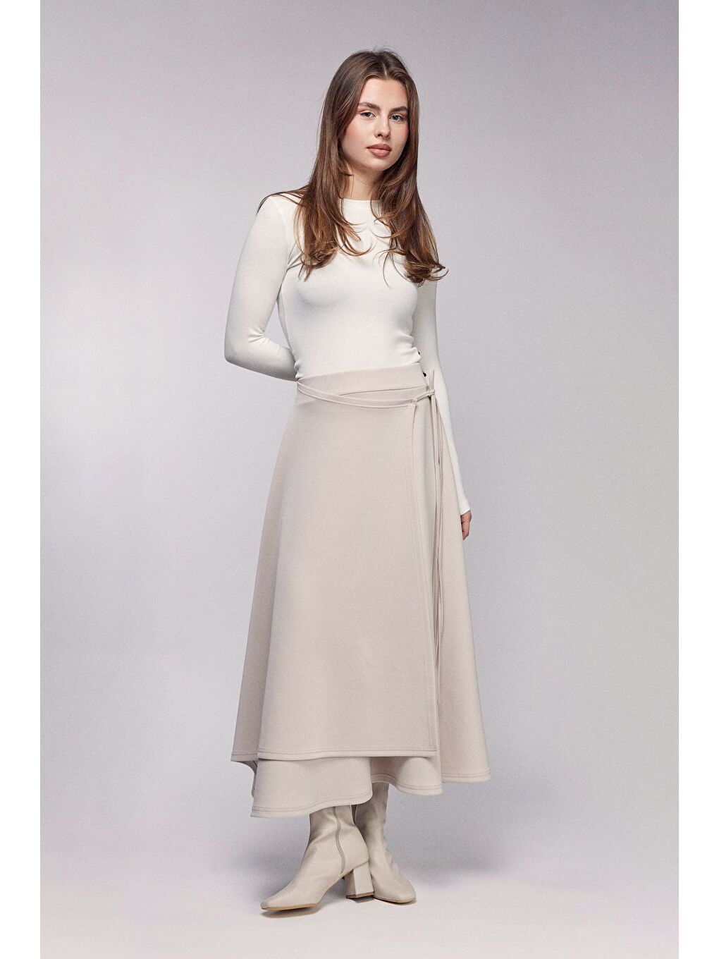 Bej Taş Yüksek Bel Bağlamalı Katmanlı Görünüm Scuba Etek-3