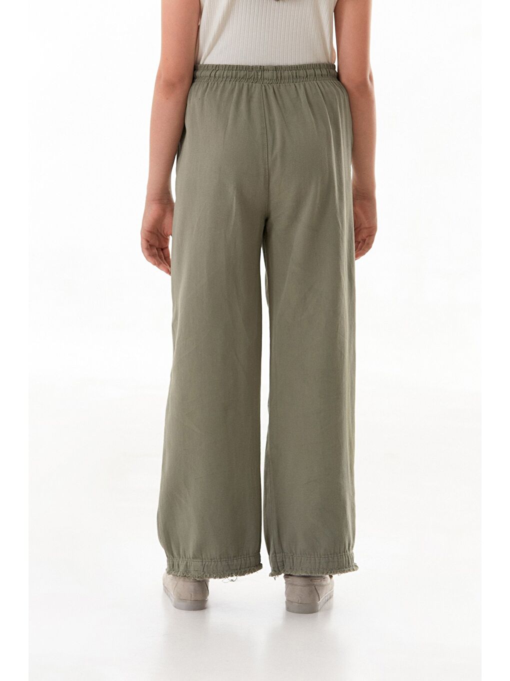 Haki Beli Lastikli Bağlamalı Paçası Püsküllü Kız Çocuk Pantolon-4