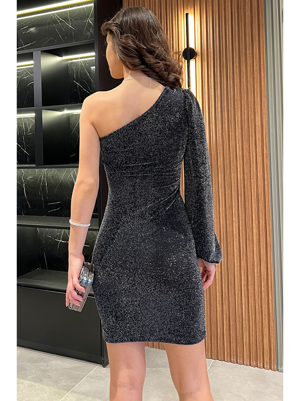 Siyah Kadın Tek Omuz Işıltılı Elastanlı Elbise-3