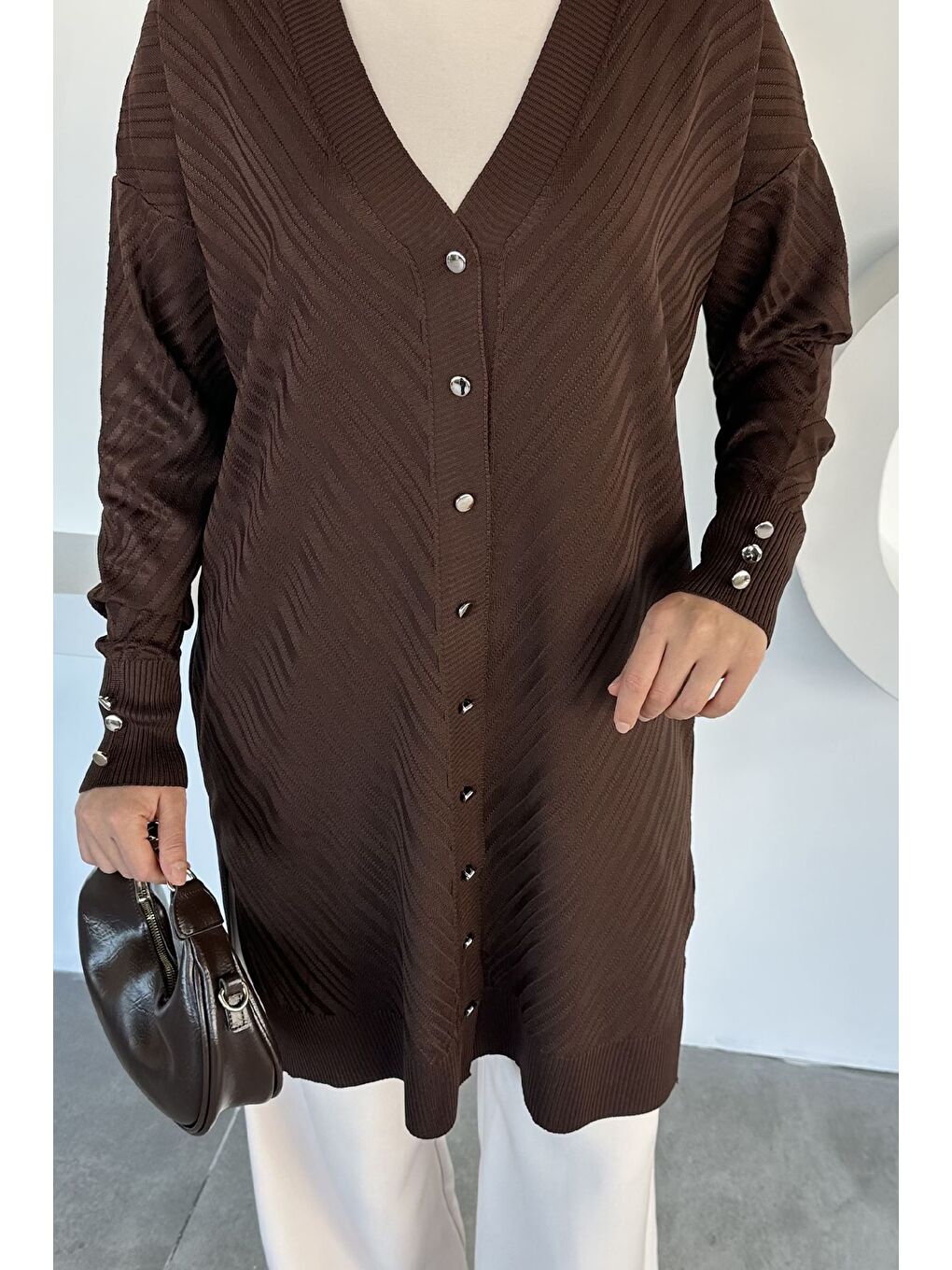 Kahverengi Desenli Ön Düğmeli Tesettür Triko Hırka (m-l-xl Uyumludur)-9
