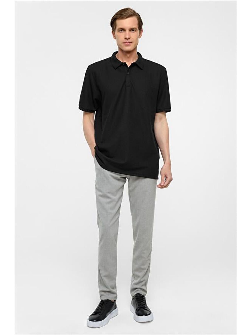 Siyah Regular Armürlü Polo Yaka Tişört-5