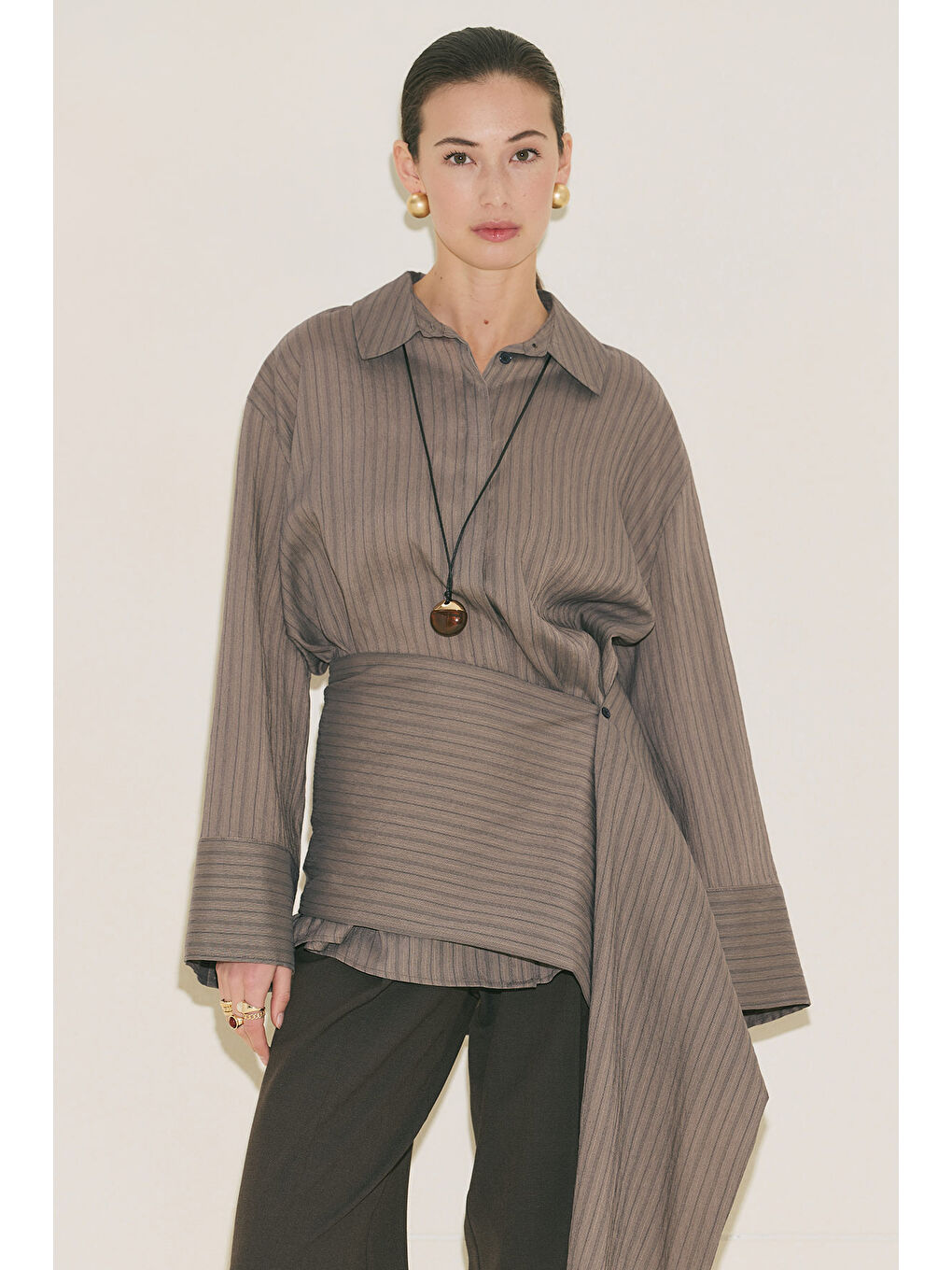 Kemer Detaylı Çizgili Gömlek Antrasit-7