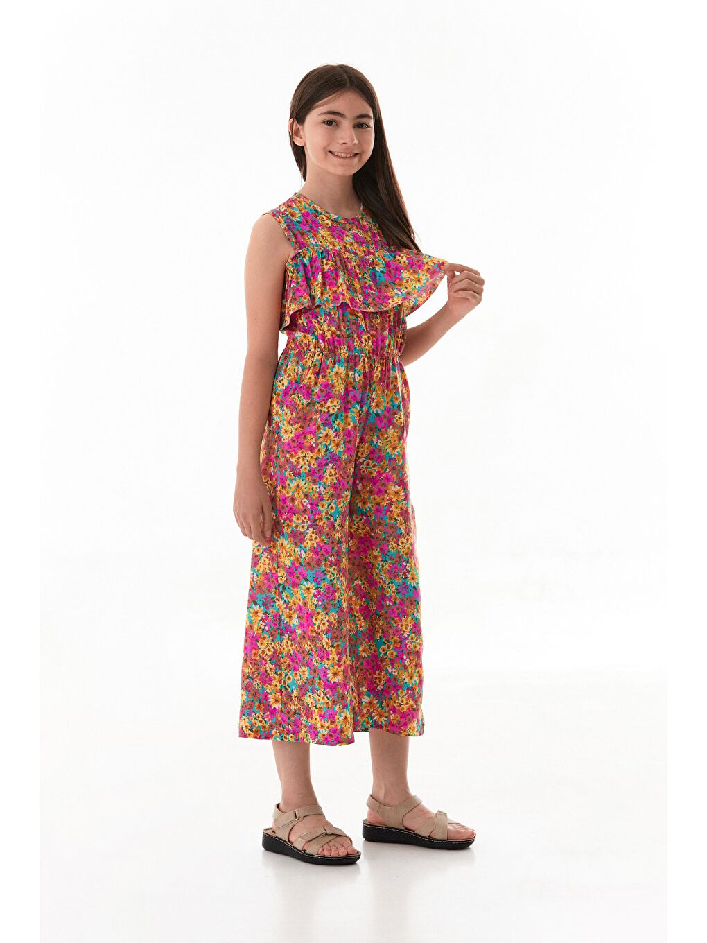 Pembe Çiçekli Beli Lastikli Cepli Kız Çocuk Tulum-1