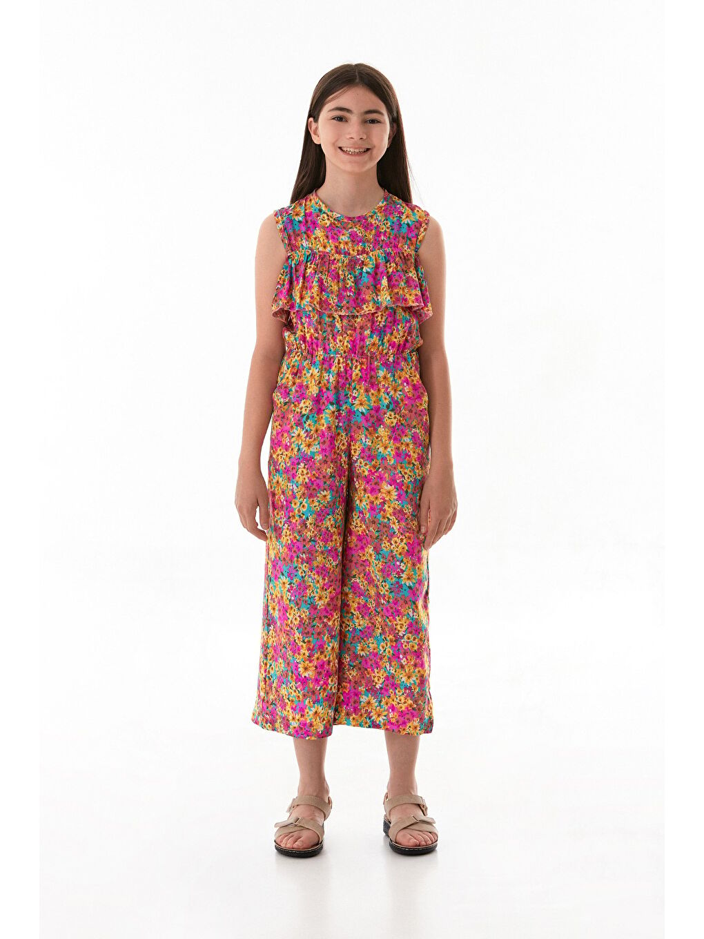 Pembe Çiçekli Beli Lastikli Cepli Kız Çocuk Tulum-2