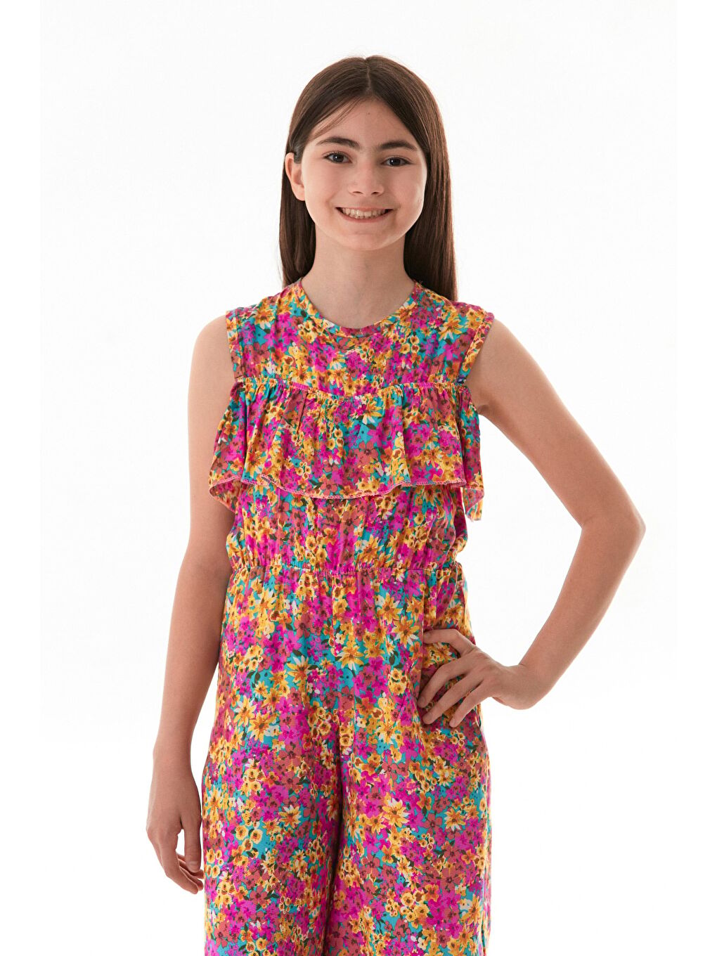 Pembe Çiçekli Beli Lastikli Cepli Kız Çocuk Tulum-4