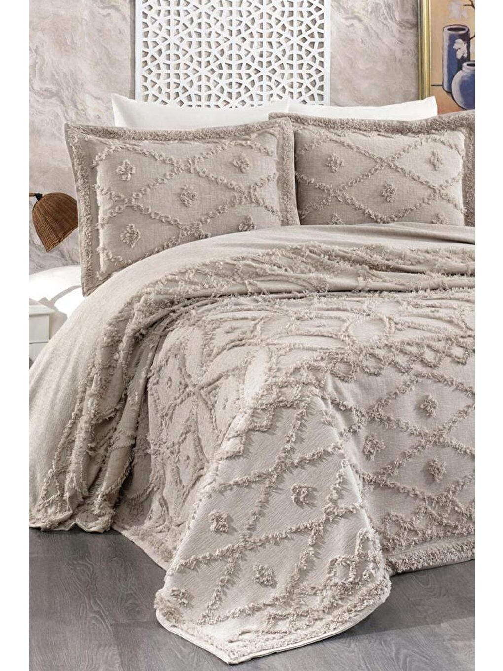 Bej Umay Şönil Çift Kişilik Yatak Örtüsü Taş