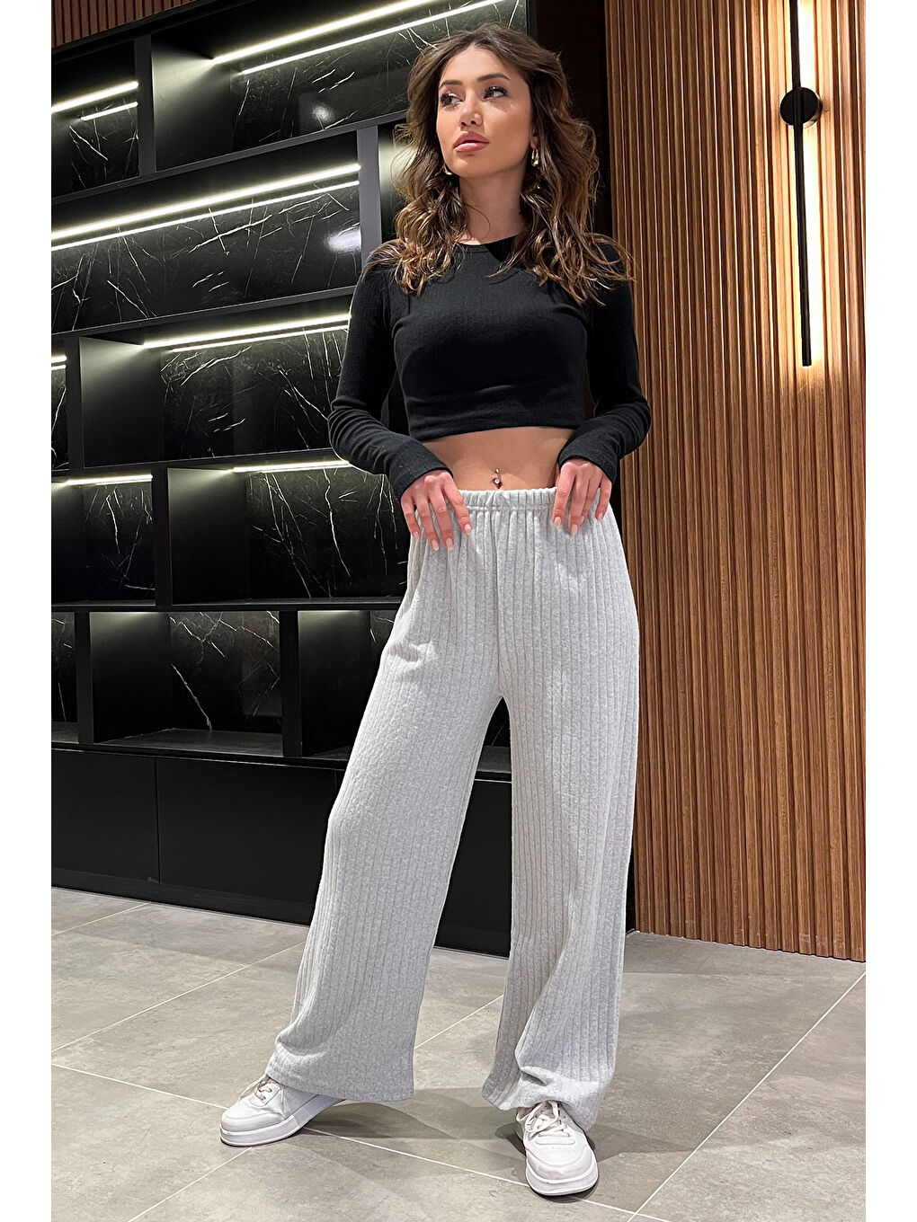 Gri Kadın Bol Paça Fitilli Pantolon-1