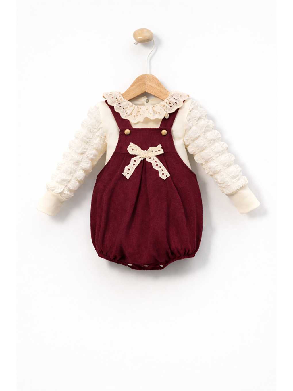 Bordo Kız Bebek 2li Parçalı Romper Takımı Dantel Yakalı Lüx Pamuklu Bayramlık Özel