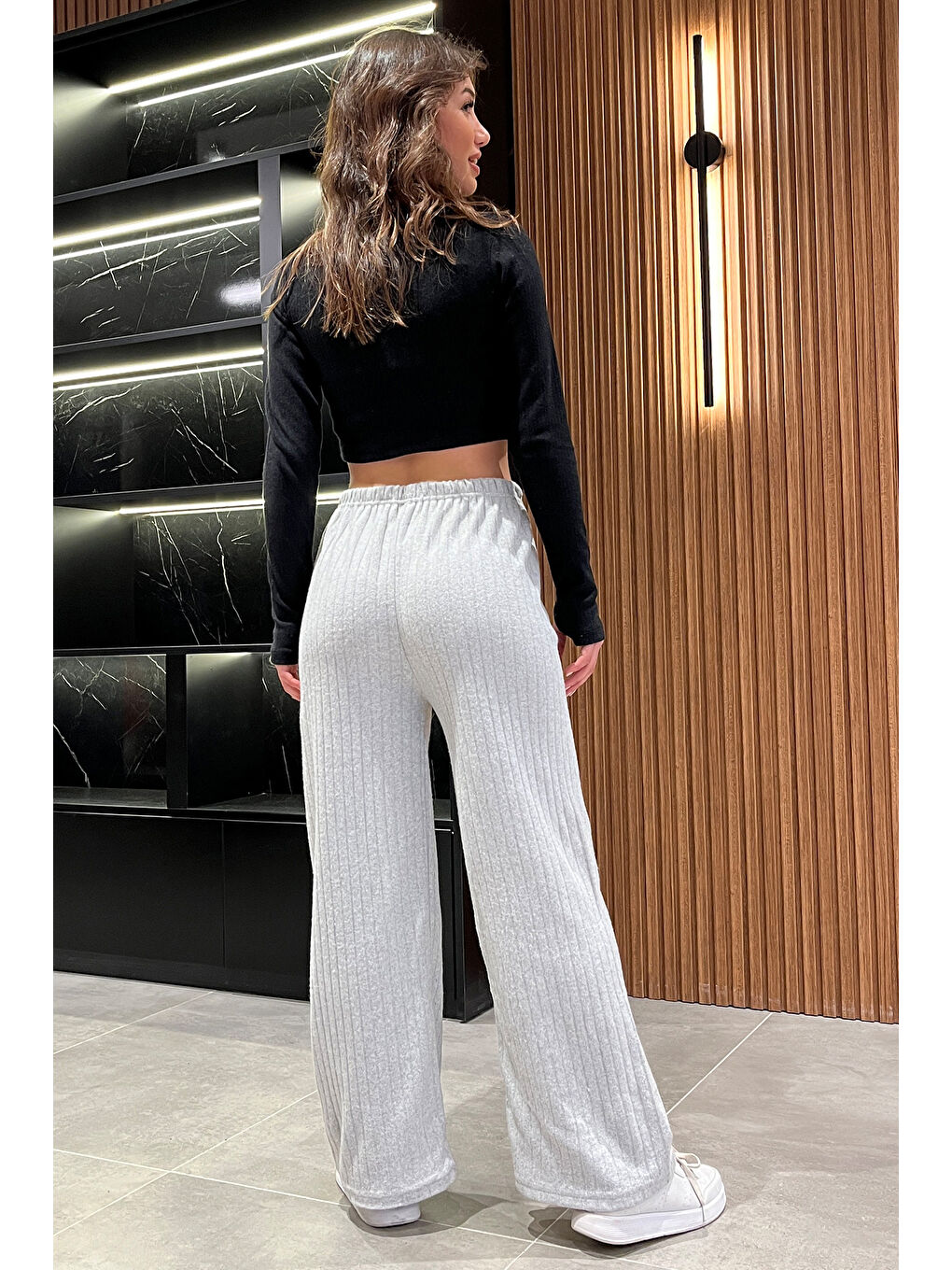 Gri Kadın Bol Paça Fitilli Pantolon-3