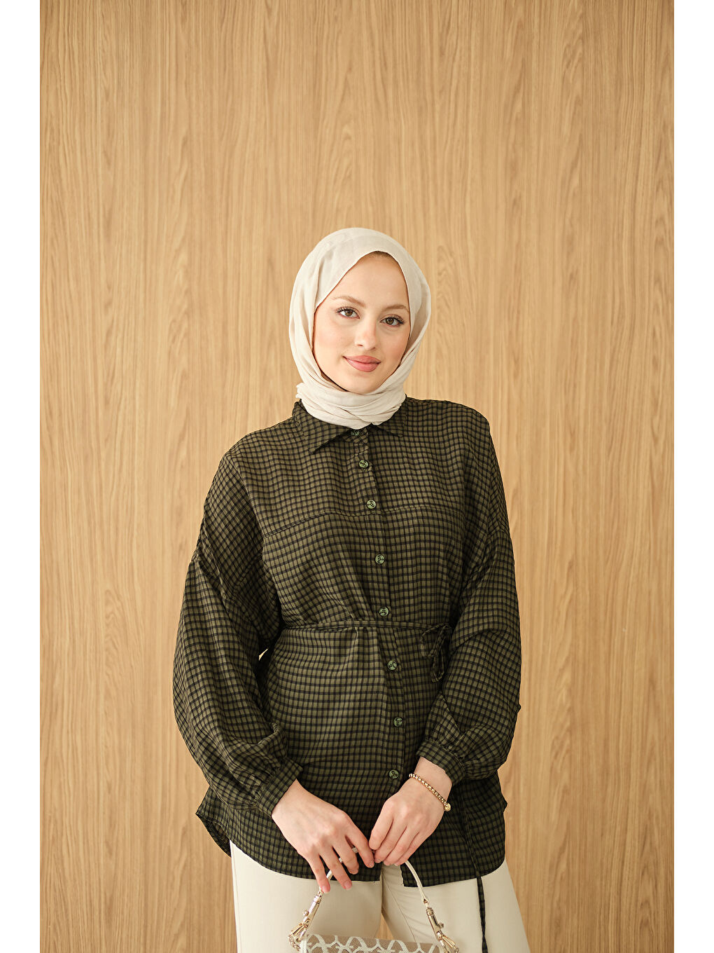 Kadın Ekose Desen Bel Bağlamalı Gömlek Koyu Yeşil-1