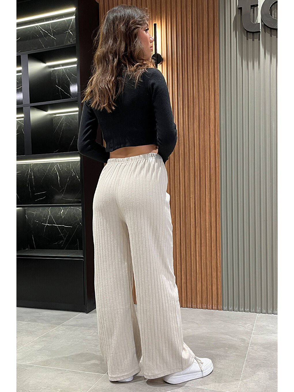 Bej Kadın Bol Paça Fitilli Pantolon-2