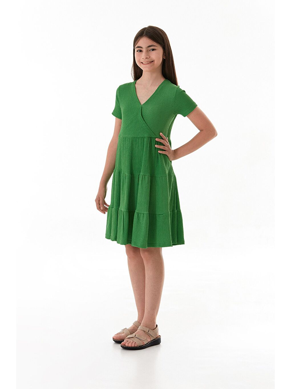 Yeşil Bürümcük Kumaş V Yaka Kız Çocuk Elbise-1