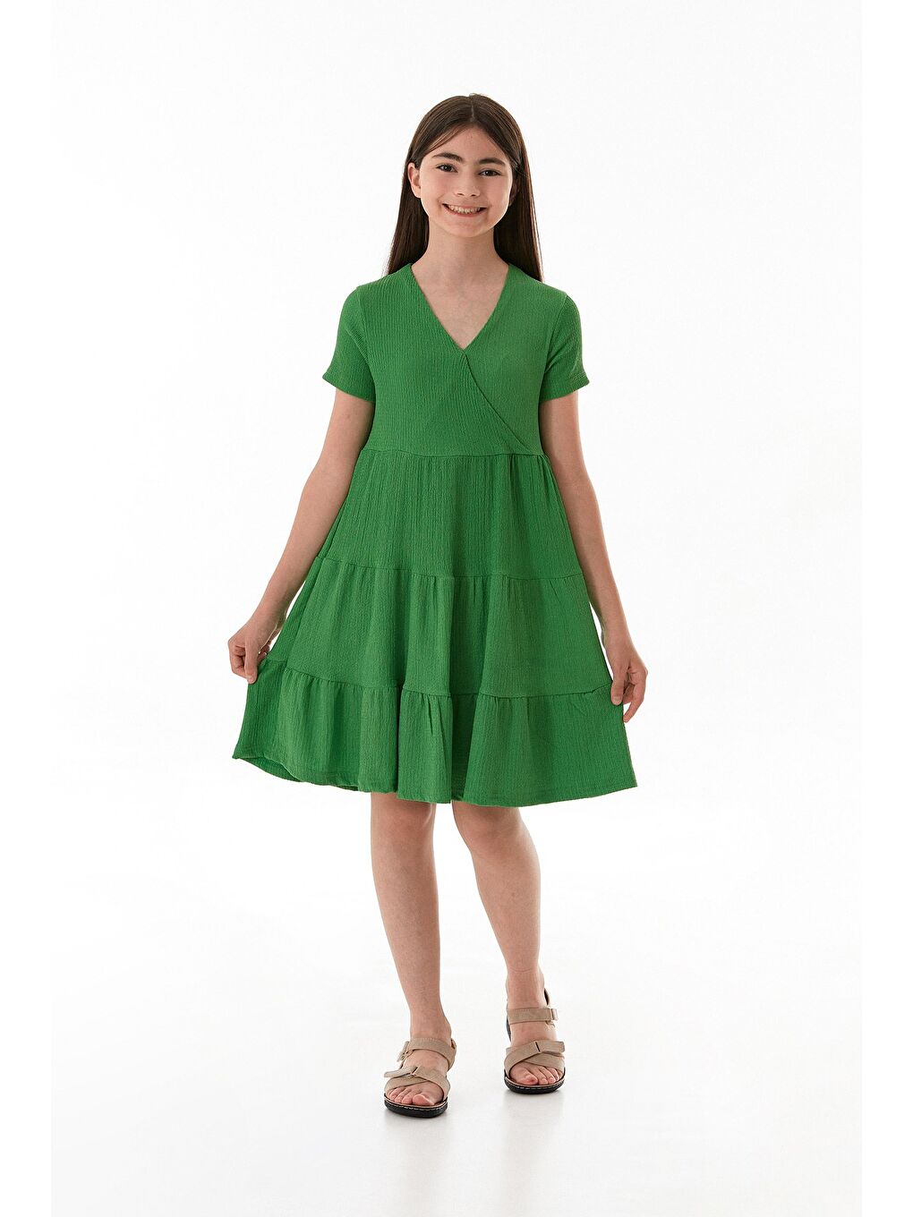 Yeşil Bürümcük Kumaş V Yaka Kız Çocuk Elbise-2