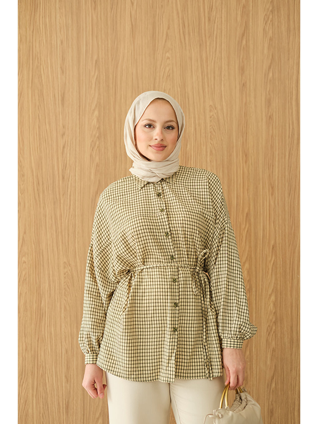 Kadın Ekose Desen Bel Bağlamalı Gömlek Yeşil