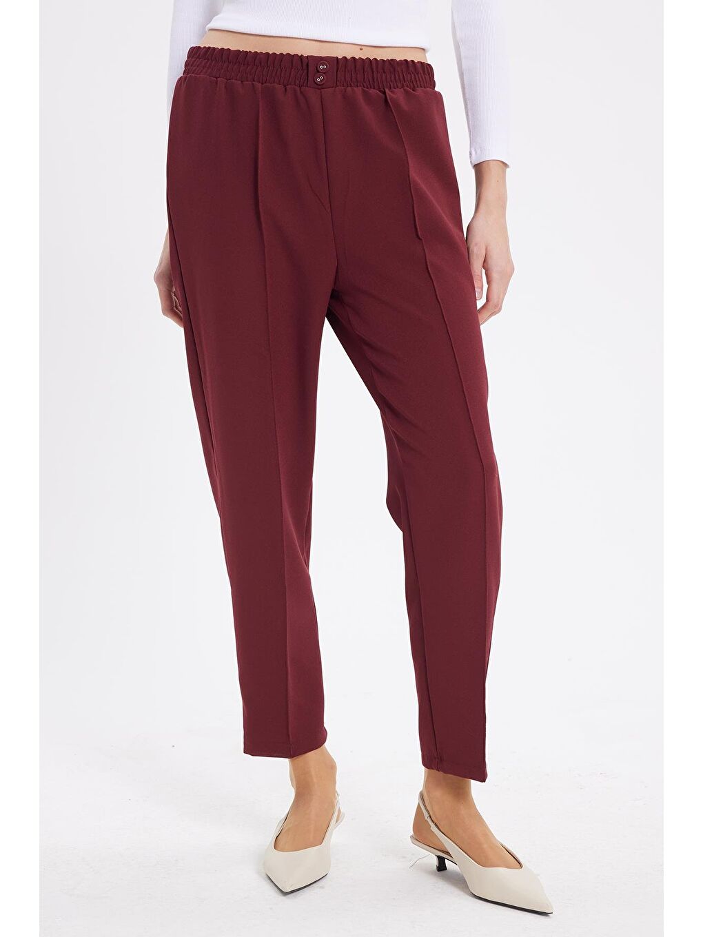 Kadın Relax Fit Rahat Kesim Yüksel Bel Düz Paça Beli Lastikli Bordo Pantolon