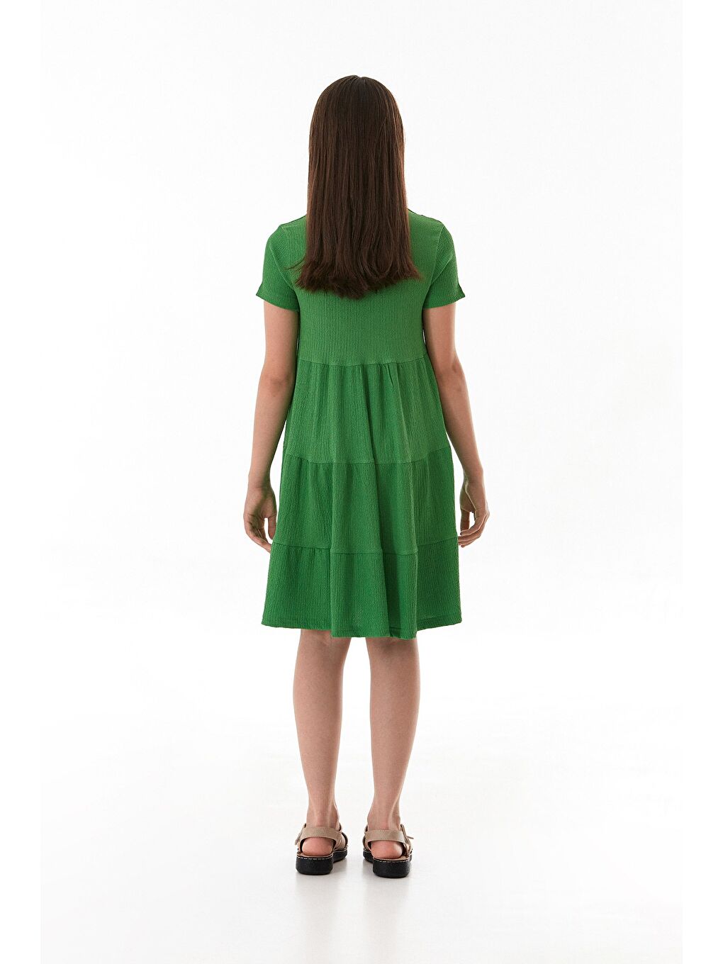 Yeşil Bürümcük Kumaş V Yaka Kız Çocuk Elbise-4
