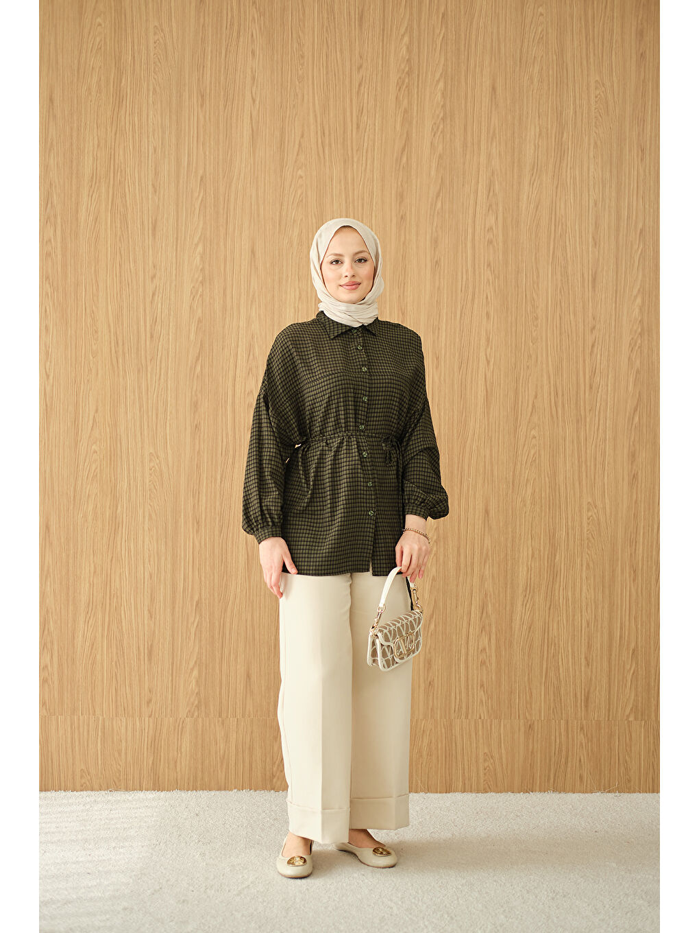Kadın Ekose Desen Bel Bağlamalı Gömlek Koyu Yeşil-2