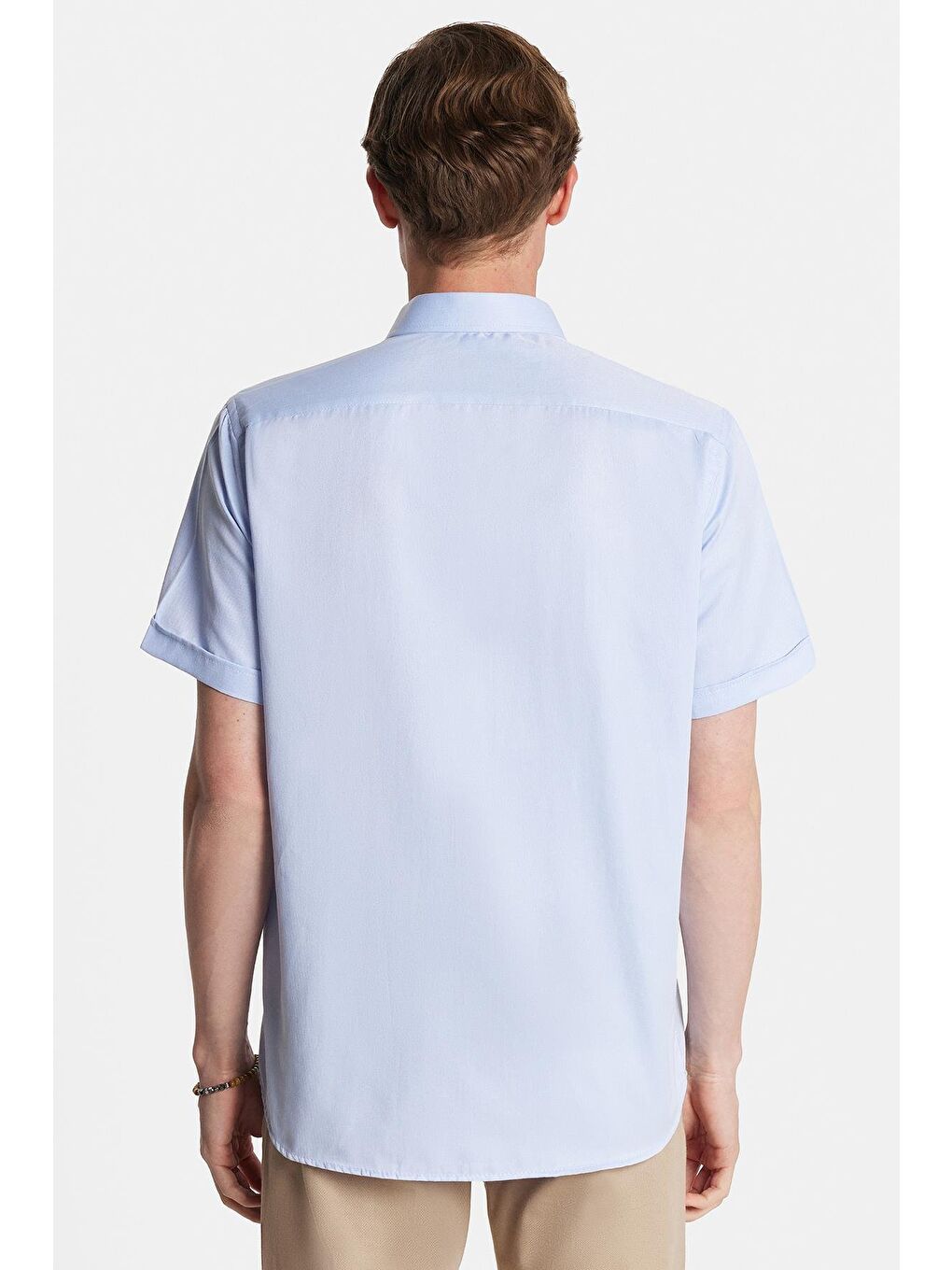 Erkek Regular Fit Klasik Kesim Kısa Kollu Pamuklu Tek Cepli Armürlü Açık Mavi Gömlek-2