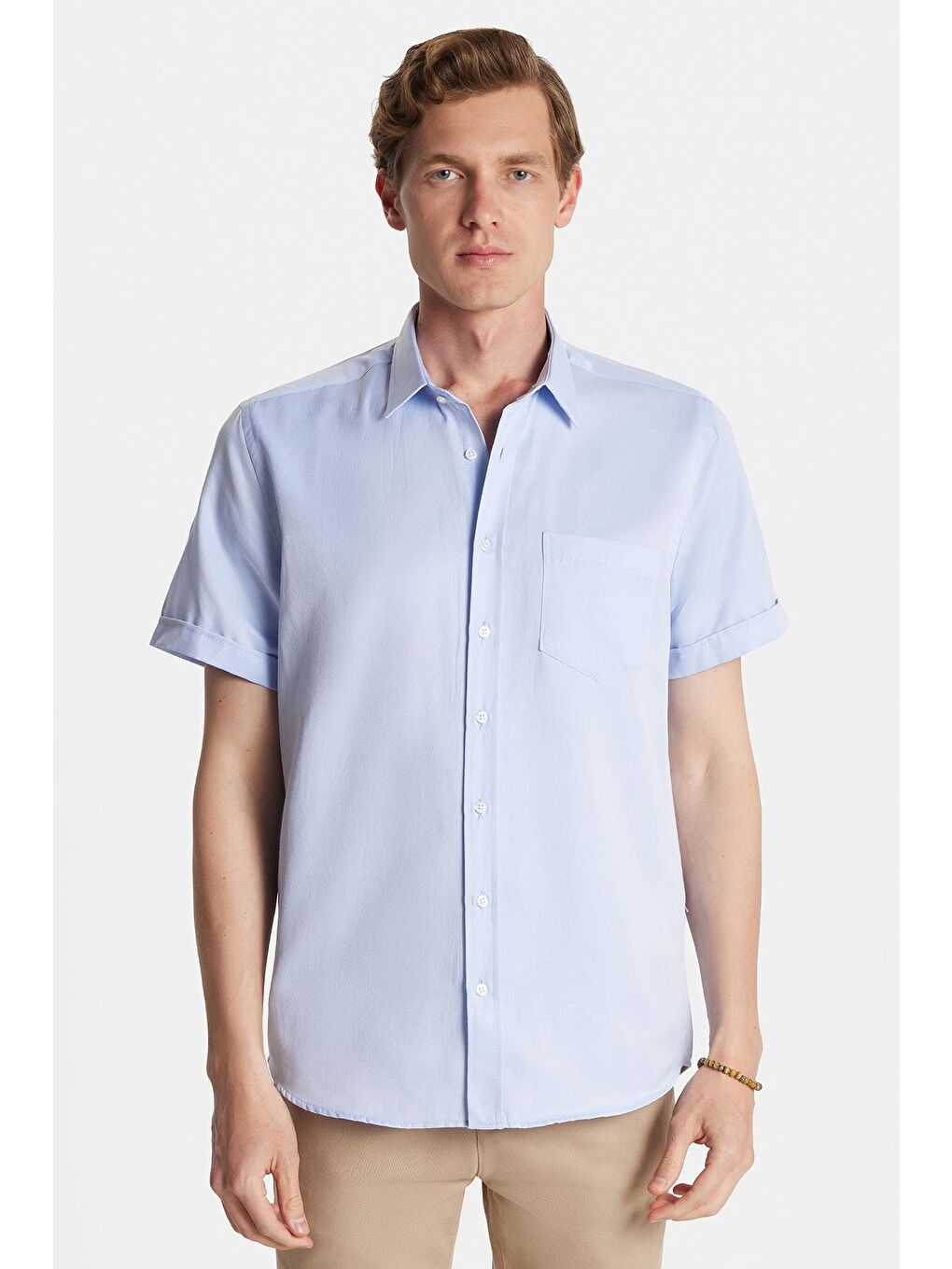 Erkek Regular Fit Klasik Kesim Kısa Kollu Pamuklu Tek Cepli Armürlü Açık Mavi Gömlek-3