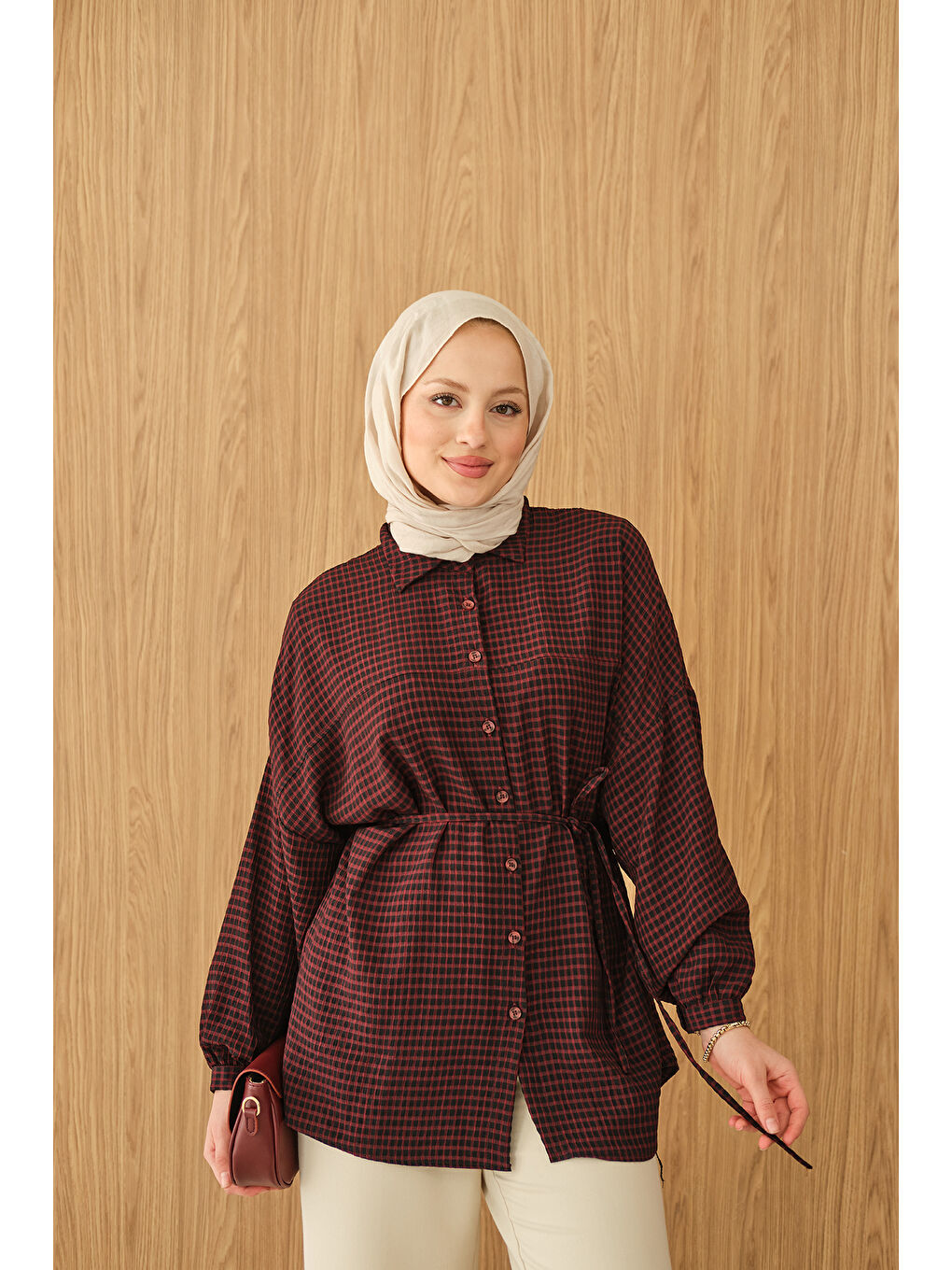 Kadın Ekose Desen Bel Bağlamalı Gömlek Bordo-1