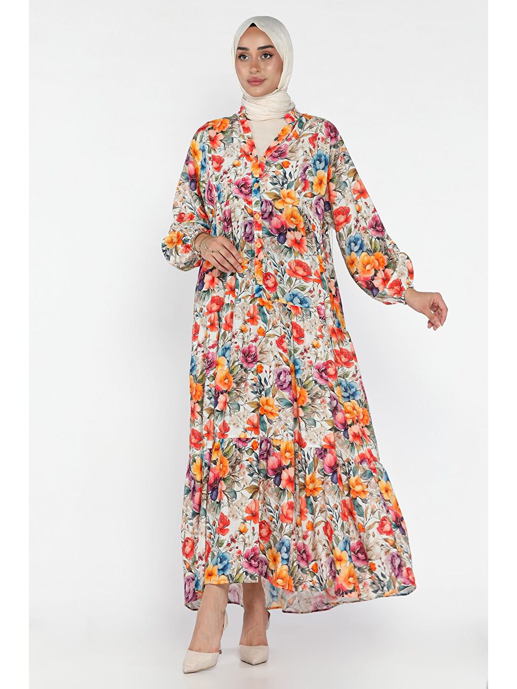 Karışık Ön Düğmeli Desenli Mevsimlik Tesettür Elbise-1