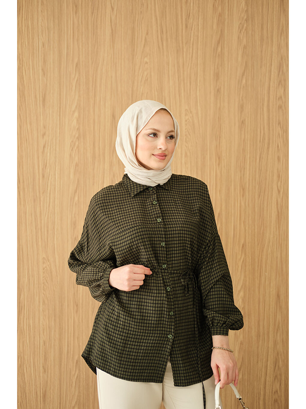 Kadın Ekose Desen Bel Bağlamalı Gömlek Koyu Yeşil-3