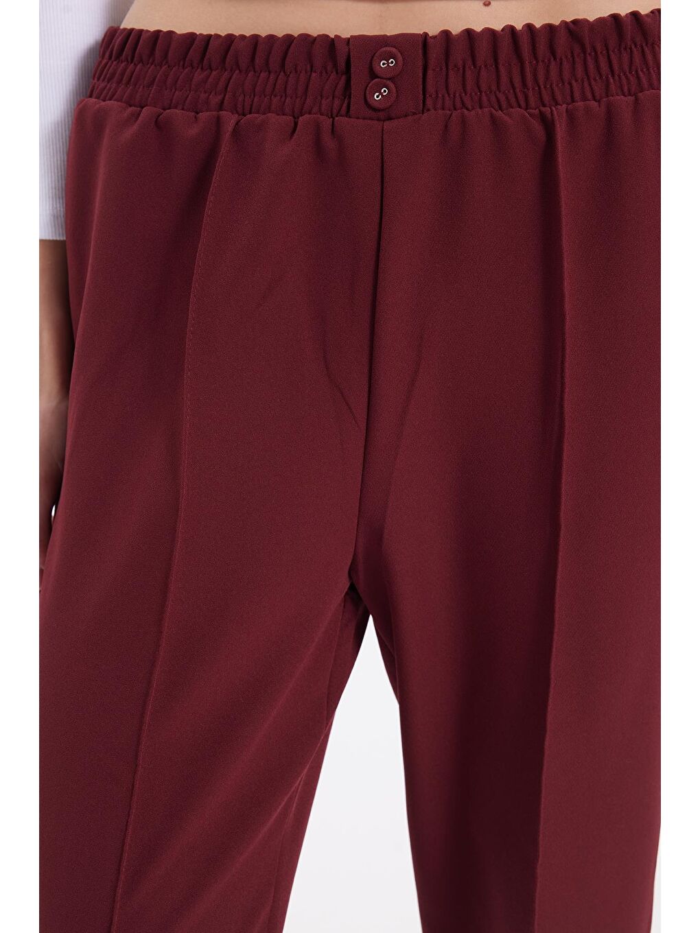 Kadın Relax Fit Rahat Kesim Yüksel Bel Düz Paça Beli Lastikli Bordo Pantolon-2